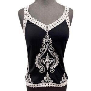 Ultra Pink Womens Medium Black Boho Embroidered Crochet Lace Trim Cami Tank Top